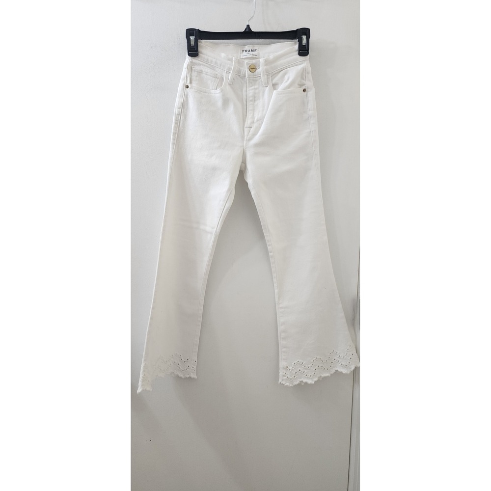 Frame Denim White High Rise Flared Eyelet Scallop Hem Jeans Size 23